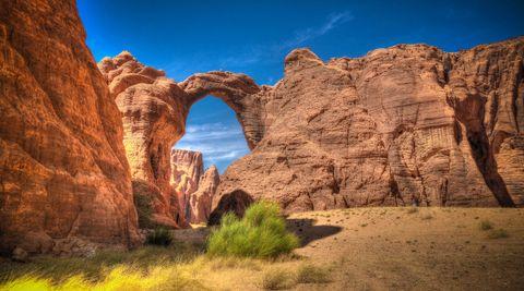 Natural stone arch formation in a desert canyon landscape. Massive reddish-orange sandstone walls frame a graceful arch against a vivid blue sky. The canyon floor features scattered desert vegetation including bright green shrubs and tufts of golden grass.