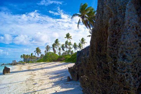 Tropical beach landscape featuring dark volcanic rock formations in the foreground, white sandy beach stretching along the shore, palm trees swaying in the breeze, and buildings visible in the distance under a partly cloudy blue sky.