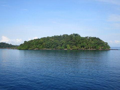A small forested island in calm blue waters, completely covered with lush green vegetation. The island forms a perfect mound shape rising from the sea, with the shoreline visible around its perimeter and clear blue sky above.